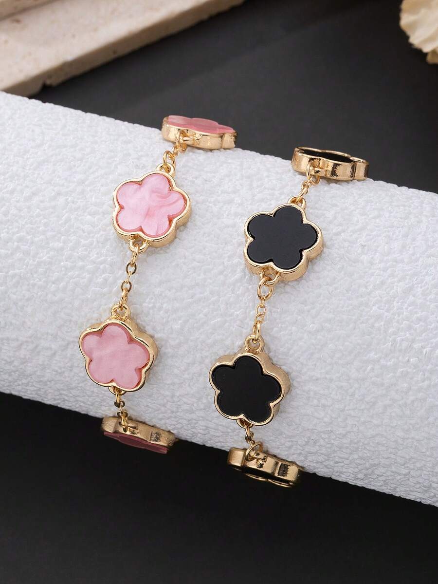 2 件粉色和黑色幸运四叶草手链套装，时尚经典设计适合日常佩戴、约会、正式活动、优雅女士珠宝、情侣礼物（无礼盒） - 彩色 - 查看 1