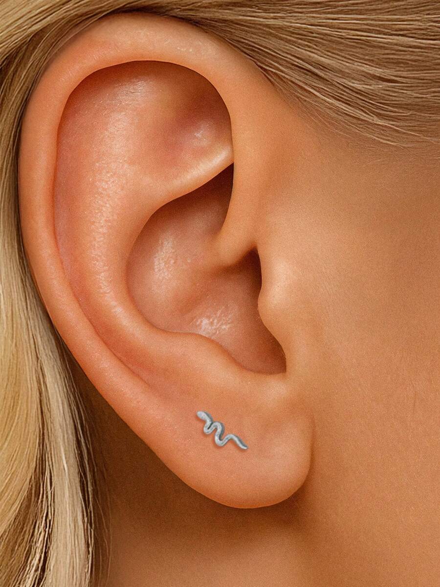 EleRunis 1PC 925 Sterling Silver Dainty Tiny Snake Studs Flat Back Stud Earrings Helix Earrings Cartilage Tragus Piercing Jewelry Gift For Women Man Daily Wear Wedding Party - Silver - View 1