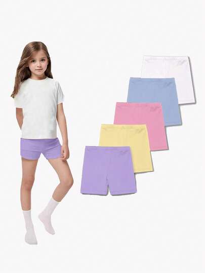 5 Pcs Set Of Young Girls Fashion Versatile - Multi-Color Casual Leggings Shorts, Knitted Soft And Comfortable Leggings Shorts, Perfect For Spring, Summer, Autumn And Winter Outdoor Activities, Yoga, Dancing, Jogging, Cycling, School And Daily Leisure