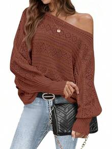 Womens Off Shoulder Sweaters Fall 2025 Oversized Knit Batwing Long Sleeve Crochet Pullover Sweater Tops - Camel - View 5