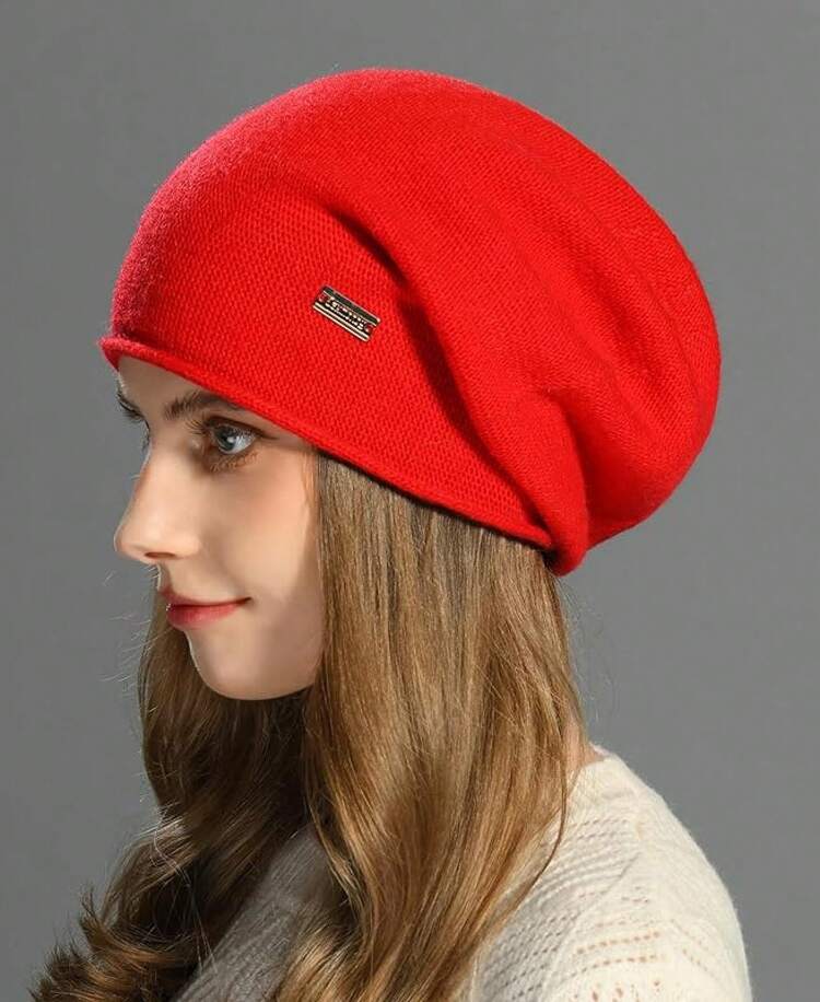 Gorro de punto suelto para mujeres, invierno, suave, cálido, ligero, gorro de calavera tejido - Rojo - Añade 5