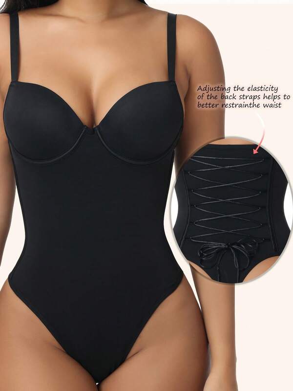 Body modelador feminino campeão de com amarração nas costas, sutiã embutido, sustentação para os seios e modelagem abdominal.