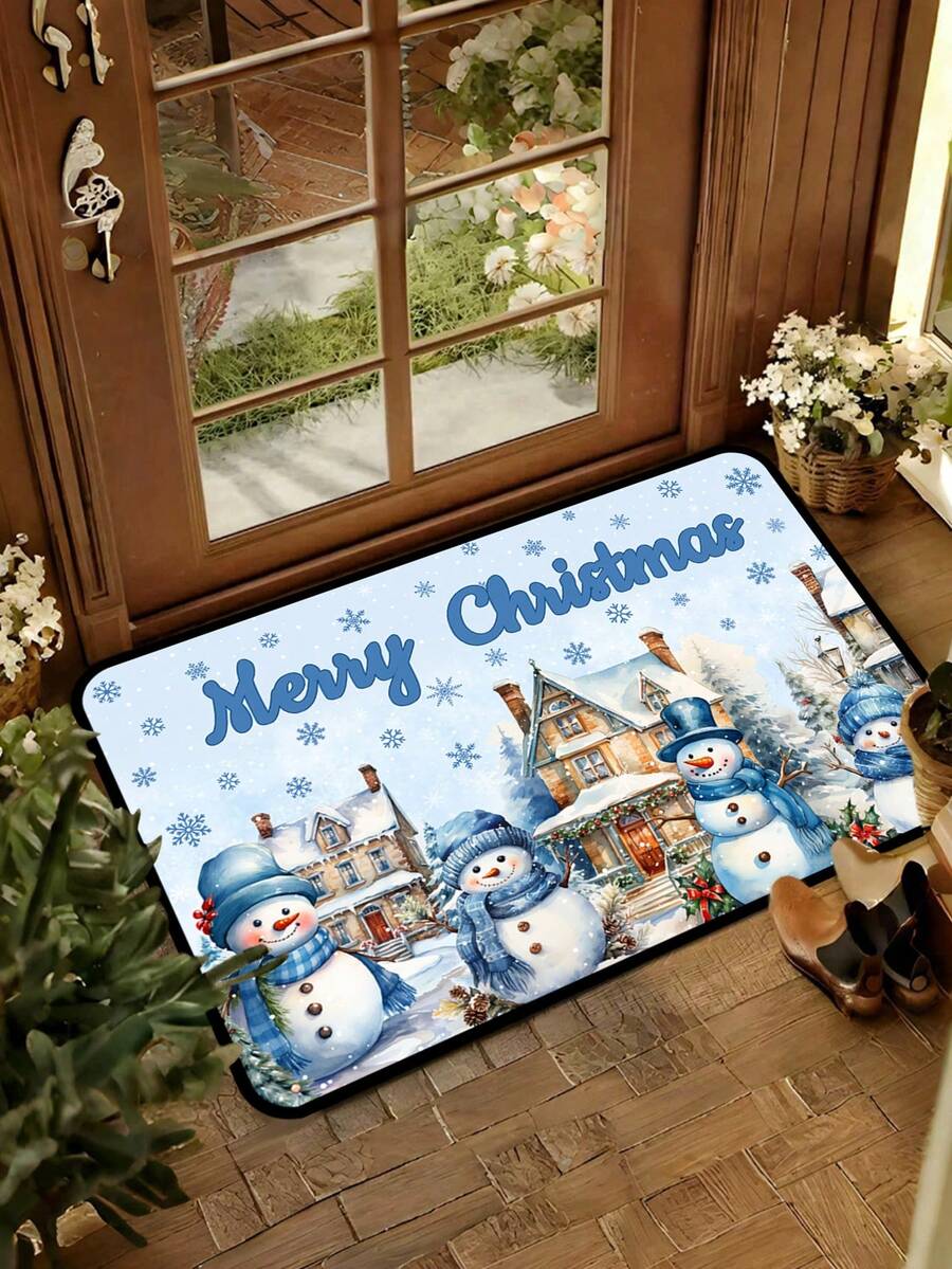 1/16Pcs 40*60cm Christmas Door Mat Decorative Floor Mat, Merry Christmas Blue Snowman Pattern With Christmas Light House Pattern, Suitable For Indoor Living Room, Kitchen, Hallway Entrance, Christmas Home Decor Fabric - Multicolor - View 1
