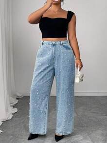 Jeans a gamba dritta con decorazione in perle per taglie forti donna