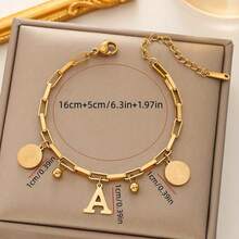 1pc Fashion Hip-Hop Style Stainless Steel Bracelet - 18K Gold Plated Adjustable Chain With Round Charm & Letter Pendant, Jewelry Gift For Girls, Women, Family And Friends - Gold - View 6
