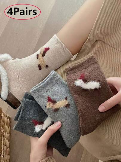 4 双复古卡通可爱小狗图案中筒袜，秋冬保暖，秋季