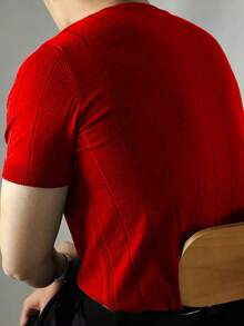 ALTZTAR Men's Thin Solid Color Short Sleeve Knit Vertical Striped Crew Neck Top - Red - View 4