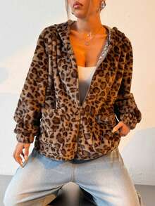 Leopard Print Fluffy Hooded Cardigan, Zip-Up Warm Women Jacket With Pockets, Autumn/Winter - Khaki - View 3
