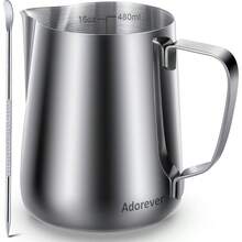 ~Milk Frothing Pitcher 16oz 480ml Milk Frother Cup Stainless Steel Steaming Pitcher Coffee Bar Cappuccino Espresso Machine Accessories Barista Tools Steamer Cup Milk Jug With Latte Art Pen - SilverMirror - View 1