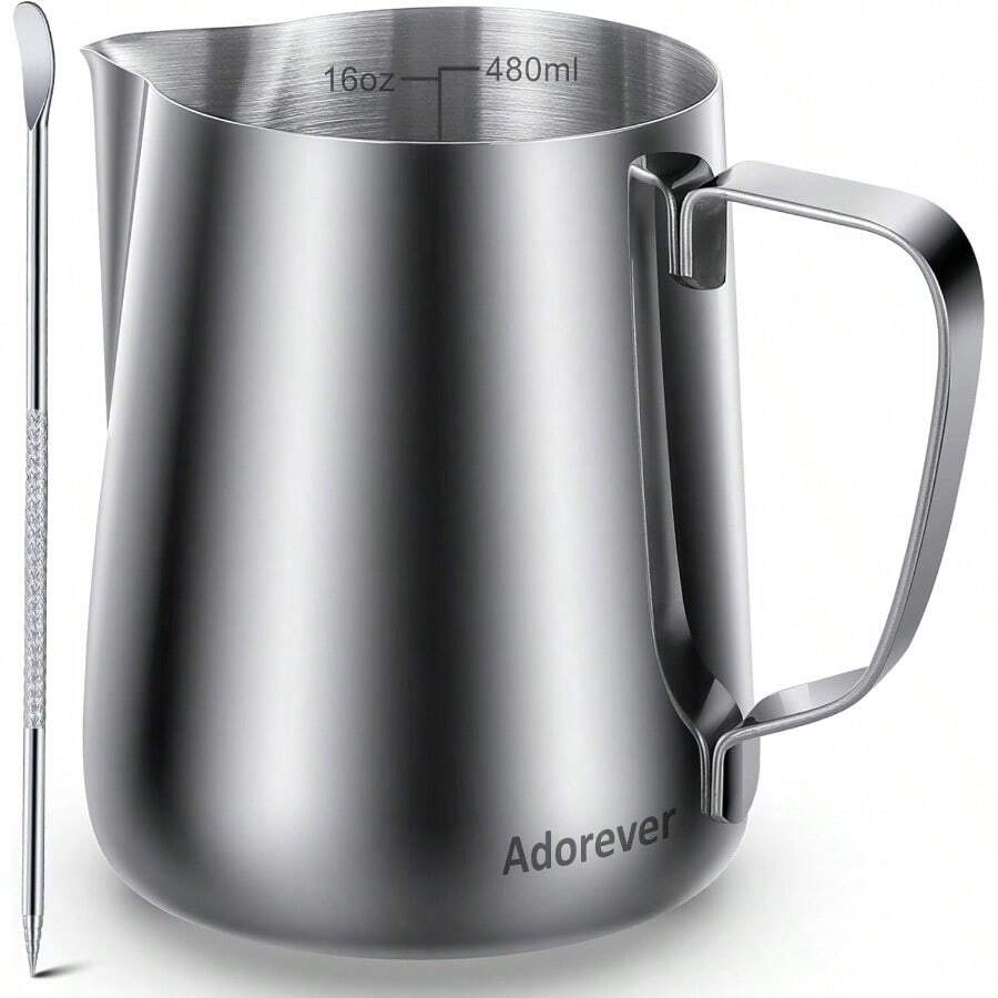 ~Milk Frothing Pitcher 16oz 480ml Milk Frother Cup Stainless Steel Steaming Pitcher Coffee Bar Cappuccino Espresso Machine Accessories Barista Tools Steamer Cup Milk Jug With Latte Art Pen - SilverMirror - View 1