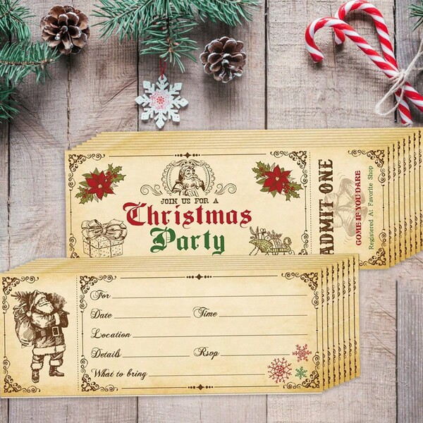 12pcs Vintage Style Santa Claus Christmas Party Invitation Cards, Suitable For Christmas, New Year, Birthday Party Celebrations, Paper Material, No Electricity Required