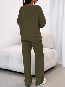 Women's Two-Piece Suit, Sports Suit, Loose Sweatshirt, Sports Pants, Autumn Fashion Casual Matching Suit. - 軍綠色 - 查看 2