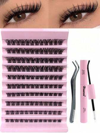 Hinarin 120 piezas Kit de extensión de pestañas DIY con pegamento y pinzas, pestañas individuales rizado D esponjosas en racimos (10 filas 8-16MM surtido), Kit de racimos de pestañas, pestañas, pestañas postizas