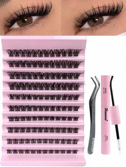 Hinarin 120 Pcs DIY Lashes Extension Kit Lash Clusters With Bond And Seal Tweezer Kit Individual Lashes D Curl Fluffy Eye Lash Clusters (10 Rows 8-16MM Mixed) Lash Clusters Kit,Lashes,Eyelashes,Fake Lashes
