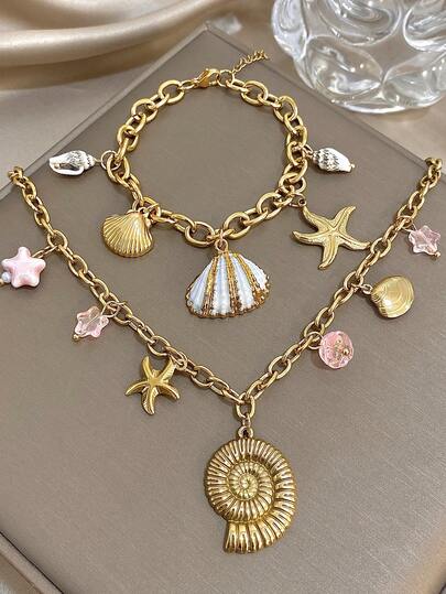 Ensemble de bracelet et collier en acier inoxydable plaqué or 18 carats - Pendentifs étoile de mer et coquillage, accents roses, cadeau pour maman, rentrée des classes, Halloween, bijoux de plage d'été, style bohème, accessoire pour fête/mariage/quotidien, anniversaire, demoiselle d'honneur, Noël
