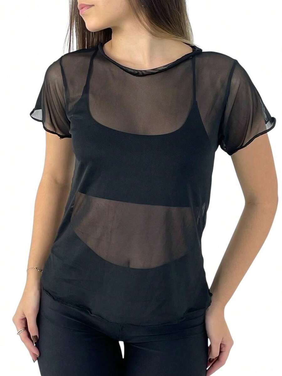Women's Tulle Blouse Transparent T-Shirt Gym Fitness Fashion Short Sleeve Premium Tulle - 黑色 - 查看 1
