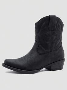 GLOBALWIN Square Toe Cowboy Boots For Women Western Boots With Low Heel Ankle Boots Cow Girls Outfits Women Fall Winter Spring Boots - 黑色 - 查看 1