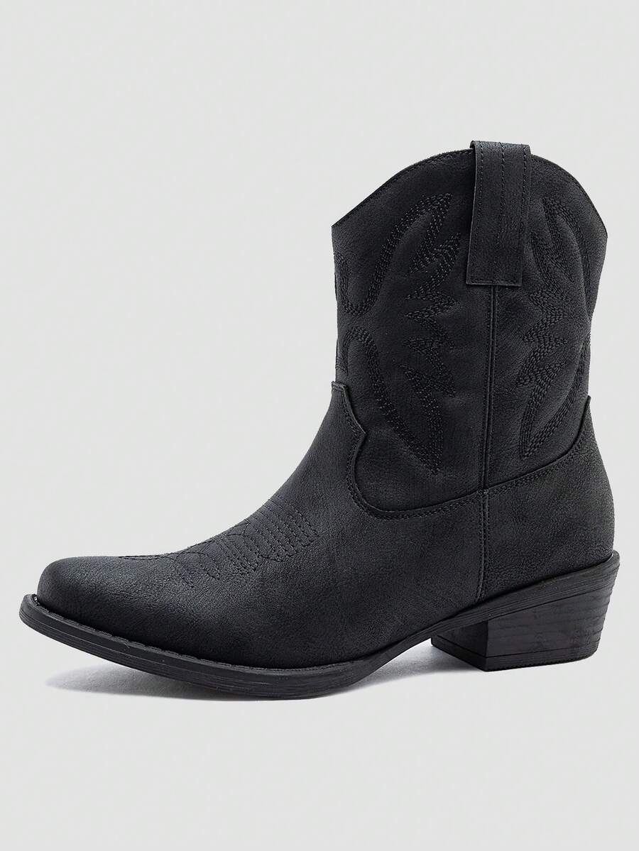 GLOBALWIN Square Toe Cowboy Boots For Women Western Boots With Low Heel Ankle Boots Cow Girls Outfits Women Fall Winter Spring Boots - 黑色 - 查看 1