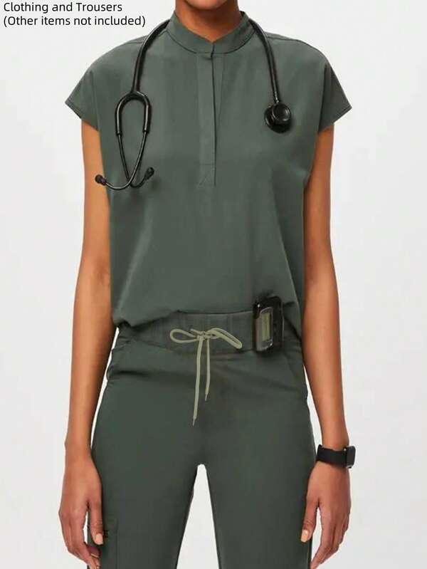 Short Sleeve Stand Collar Multi-Pocket Scrub Set, Dental/Beauty Clinic Work Uniform
