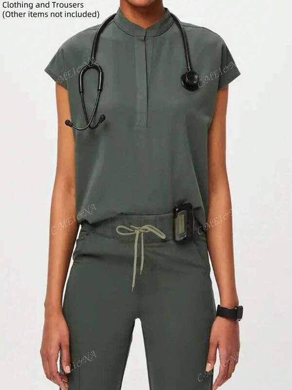 Nuevo conjunto de uniforme de pantalones con múltiples bolsillos y cuello alto de estilo veraniego, adecuado para el personal de clínicas dentales y salones de belleza
