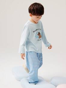 Balabala 2pcs/Set Tween Boy Letter & Cartoon Print Long Sleeve Top And Plaid Pants Pajama Set, Cotton Material, Spring 2026 - White and Blue - View 3