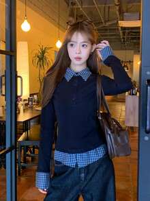 女式 Polo 领二合一长袖 T 恤，修身设计