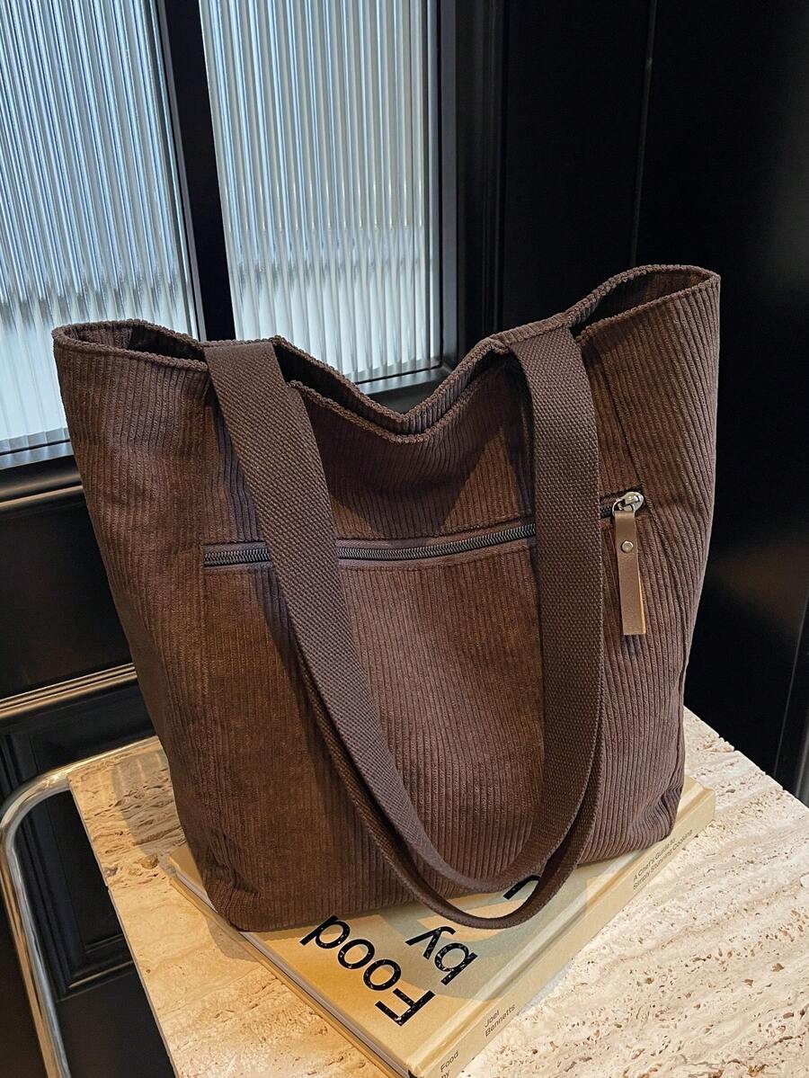 Túi đeo vai tối giản cho nữ, Túi tote vải nhung kẻ, Túi xách nữ có thể gấp gọn dung tích lớn, Túi mua sắm thời trang, Ba lô học sinh