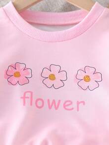 2pcs Baby Girls Floral & Letter Print Crew Neck Long Sleeve Sweatshirt And Pants Set, Cute Casual Everyday Outfit, Autumn/Winter - Pink - View 4