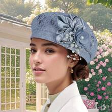 Women Beret Hat With Pearl Flower Breathable Brimless Cap  Fascinators Hats For Tea Party Stage - 灰色 - 查看 2