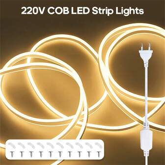 1 st 220V COB LED-slinga, 1m/5m/10m, självhäftande, varmvit, lämplig för inomhusdekoration, restaurang, fest, sovrum, belysning under skåp