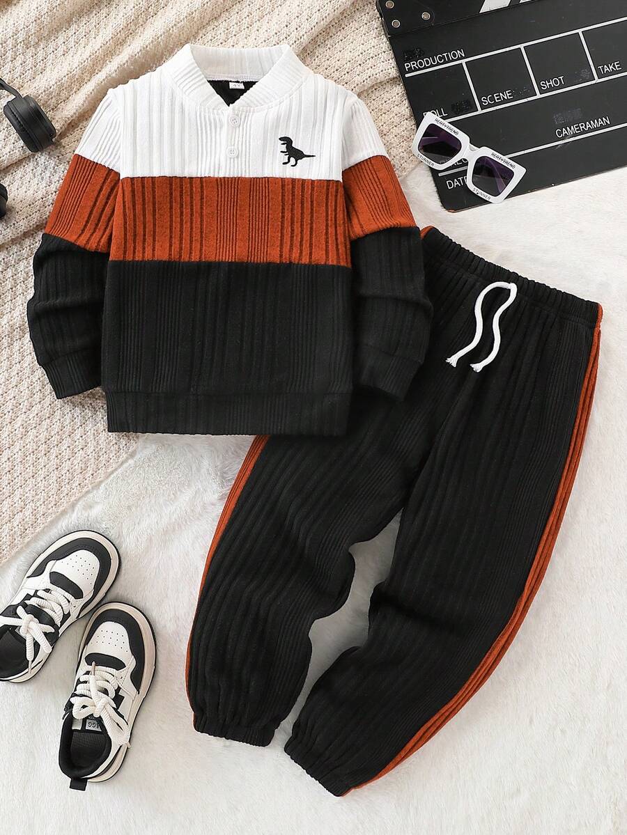 2pcs/Set Young Boy Casual Dinosaur Embroidery Solid Color Ribbed Splice Long Sleeve Half-Zip Sweatshirt And Pants Set, Suitable For Leisure, Sports, Daily Wear, Outdoor, School, Spring & Autumn