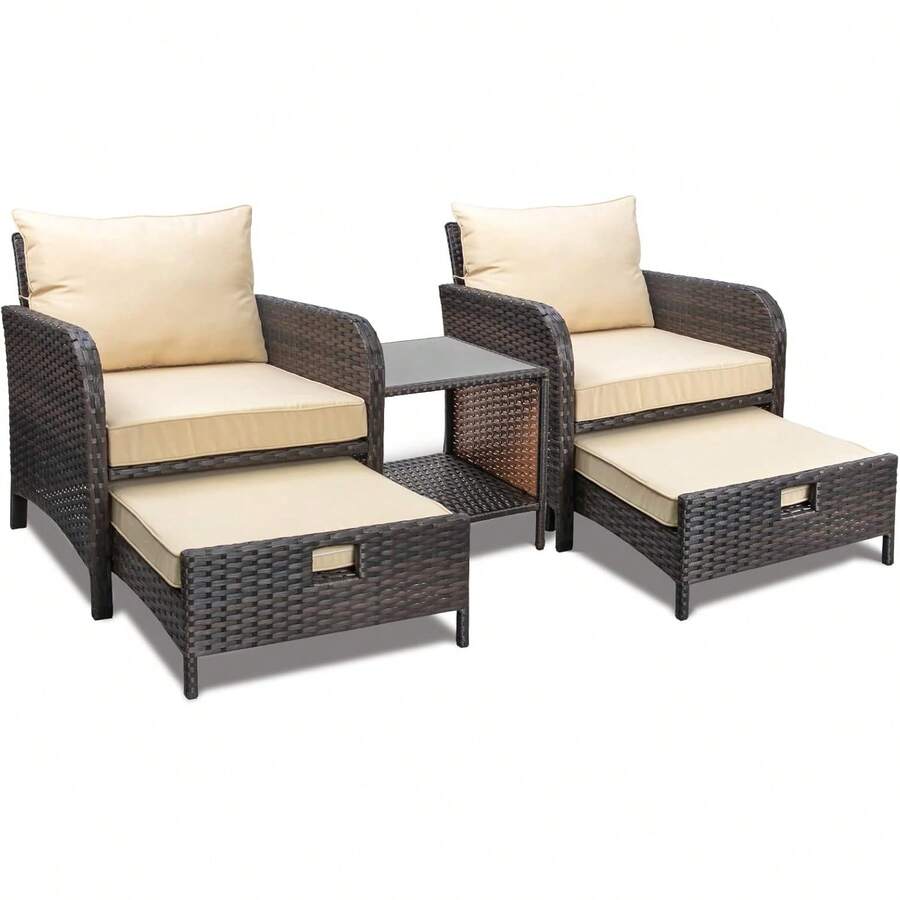 Balcony Furniture 5 Piece Patio Conversation Set, PE Wicker Rattan Outdoor Lounge Chairs With Soft Cushions 2 Ottoman&Glass Table For Porch, Lawn-Brown Wicker - 灰色/淺薄荷色 - 查看 1