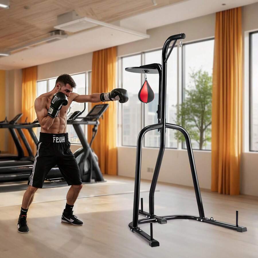 2 In 1 Punching Bag Stand, Steel Heavy Duty Workout Equipment, Adjustable Height Boxing Punching Bag And Speed Bag Stand, Freestanding Sandbag Rack, Holds Up To 140 Lbs, For Home Gym Fitness - 黑色 - 查看 1