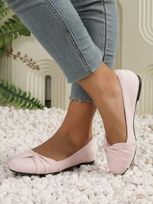 Women's Elegant Suede Ballet Flats With Bow Knot, Comfortable Breathable PU Lining, Slip-On Soft Sole Casual Shoes - 粉色 - 查看 3