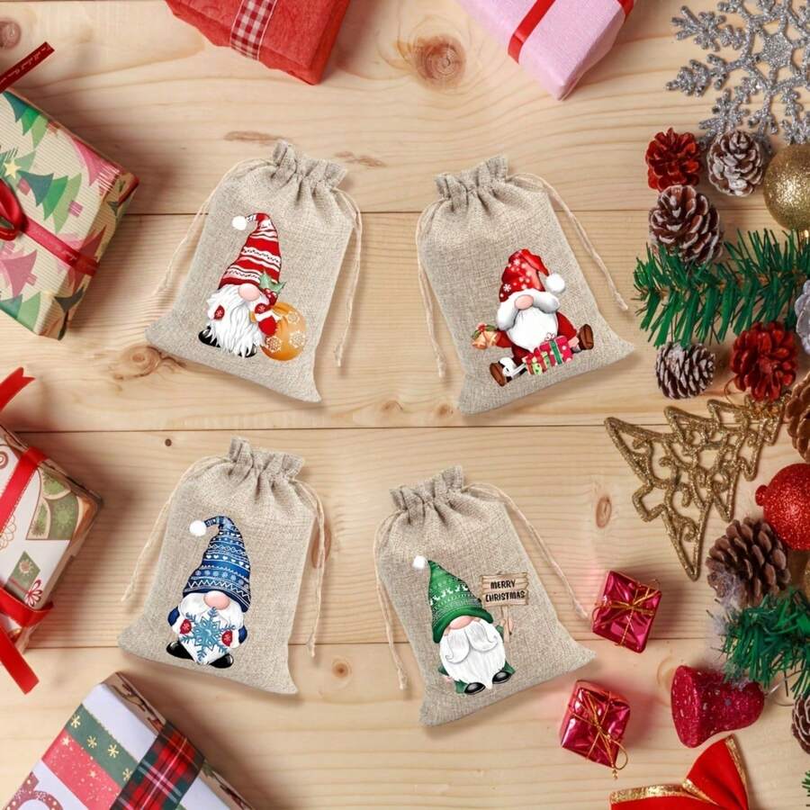 Christmas Linen Gift Bag Set, Santa Drawstring Bag, Suitable For Storing Holiday Party Gifts And Jewelry, Ideal For Christmas And New Year Party Supplies