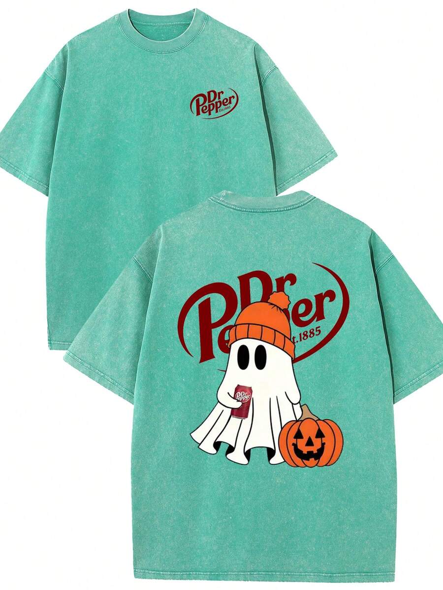 Dr. Pepper Ghost Cute Pumpkin Halloween Double-Sided T-Shirt, Dr. Pepper Men And Women T-Shirt, Halloween Pumpkin T-Shirt, Boutique 230g Washed Batik Retro Thick Cotton T-Shirt, Couple Fashion Casual Exquisite Cotton T-Shirt - Màu xanh Bạc hà - Xem 1
