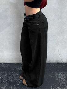 MYOURSA Loose Low Waist Wide Leg Jeans, Casual Y2K College Style Street, Black, Autumn - Black - View 4