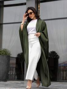 Muslim Fashion Abaya Cardigan With Batwing Sleeves, Long Robe Dress (Headscarf Not Included) - Army Green - View 1