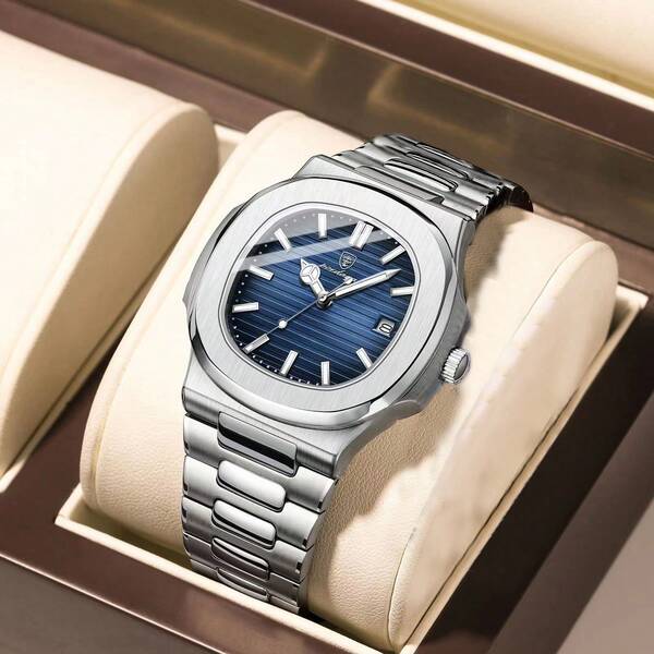 POEDAGAR Reloj de negocios de lujo para hombre, regalo de marca real POEDAGAR (Original) 50M Marcador cuadrado azul resistente al agua con fecha Marcadores de diamantes 316 Acero inoxidable plateado 316L Movimiento de cuarzo de alta calidad Japón - Premium Papá Hermano Socios Vacaciones de cumpleaños Exam Regreso a la escuela Artículos esenciales