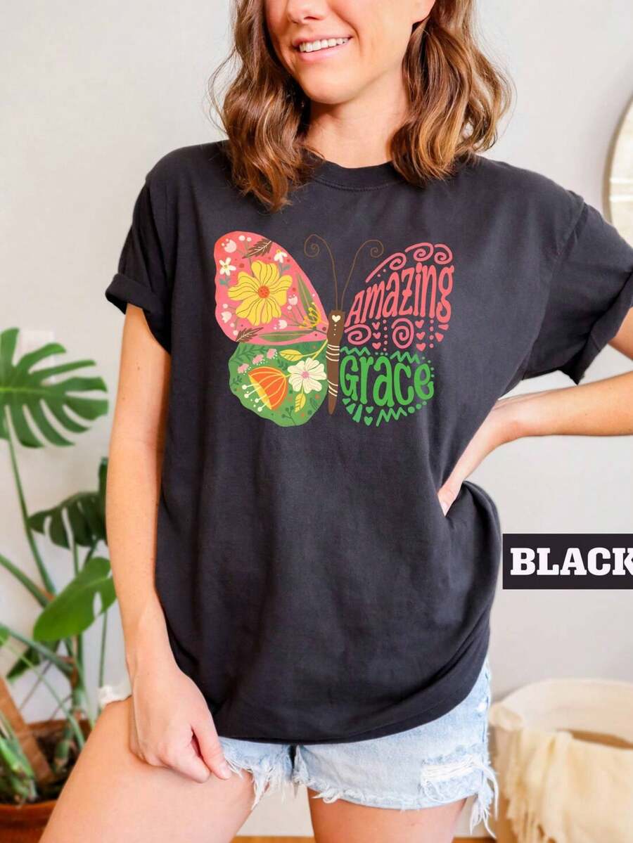 Amazing Grace How Sweet The Sound | Faith, Floral, Christian, Music, Song,100% Cotton Womens Oversized Printed Graphic T-Shirts Casual Round Neck Short Sleeve Tee 1pcs Fashion Shirt - 黑色002 - 查看 1