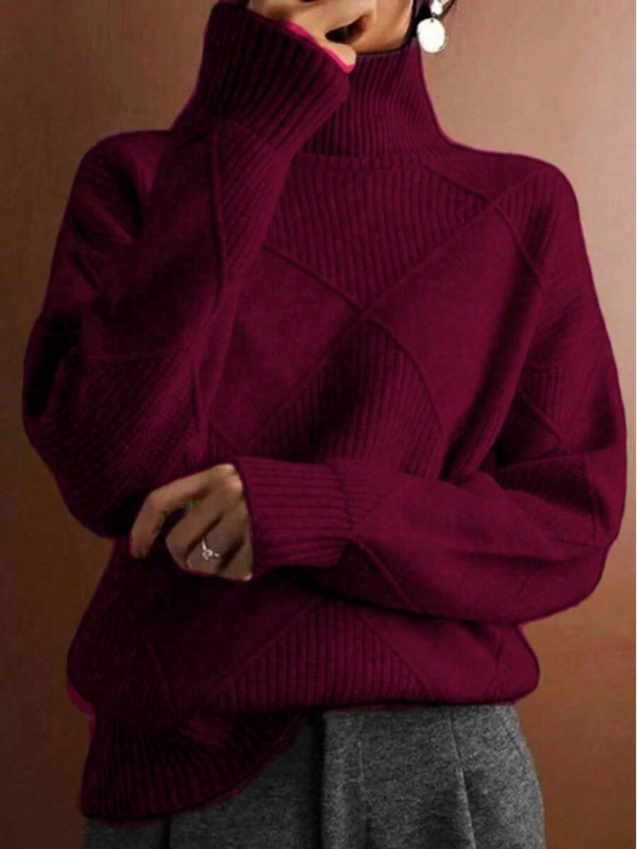 Plus Size Women Solid High Neck Long Sleeve Pullover Sweater, Autumn/Winter - Màu Đỏ Sâu - Xem 1