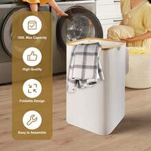 Laundry Hamper With Lid Cover - Sturdy Tall Bamboo Laundry Basket Clothes Organizer - Aesthetic Bedroom Fabric Bin - Big Bathroom Dirty Clothes Hamper - 100 Liters - Beige Vegetable Basket - Màu be - Xem 8