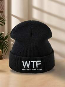 1pc Men's Embroidered Knit Beanie Hat, Stylish & Personalized For Fishing, Skiing, Camping, Elastic Pullover Hat, Autumn/Winter