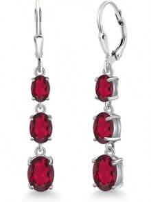 Gem Stone King 3-Stone Leverback Drop Dangle Earrings Women |   925 Sterling Silver |   Gemstone Birthstone |   Oval 8X6MM 7X5MM And 6X4MM |   Fine Jewelry Gifts Her Mom Women Wife - 紅寶石色神秘黃玉 - 查看 1