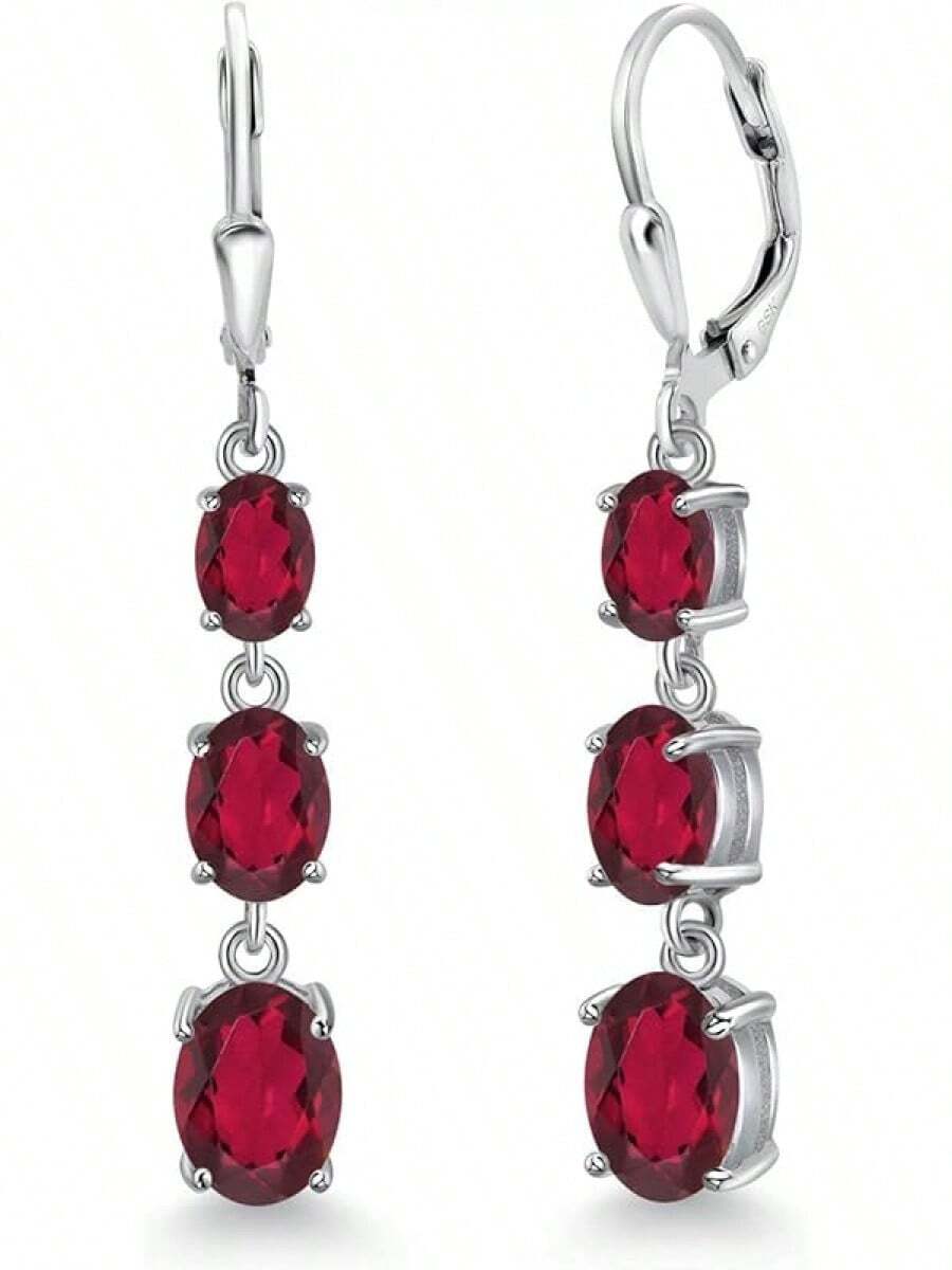 Gem Stone King 3-Stone Leverback Drop Dangle Earrings Women | 925 Sterling Silver | Gemstone Birthstone | Oval 8X6MM 7X5MM And 6X4MM | Fine Jewelry Gifts Her Mom Women Wife - 紅寶石色神秘黃玉 - 查看 1