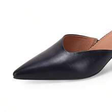 Women's Pointed Toe V Cut Mules Chunky Block Heel Slip On Office Dress Shoes - màu đen - Xem 4