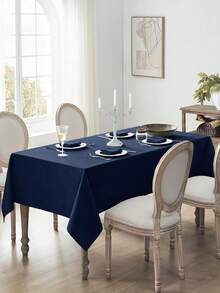 1pc Water-Repellent, Splash-Proof, Dirt-Resistant Thick Faux Linen Rectangular Tablecloth, Rustic Solid Color Coarse Linen, Tear-Resistant And Durable, Suitable For Dining Table, Kitchen, Cafe, Home Dinner, Catering, Patio, Wedding, Brunch, Farmhouse, Afternoon Tea, Party, Buffet And More - Navy Blue - View 3