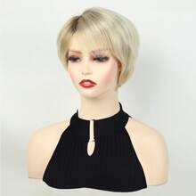 Synthetic Short Pixie Cut Straight Blonde Wig With Side Bangs For Women Daily Party Cosplay Fake Hair Heat Resistant