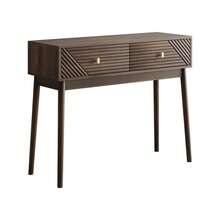 Writing Desk, Mid-Century Modern Console Table With Drawers, Retro Reception Table With Open Shelves, Modern Sofa Table For Living Room, Entryway & Hallway, Walnut - Black - View 9