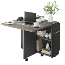 CuteHairy Foldable Drop Leaf Kitchen Table With 2 Storage Shelf, 6 Wheels - Grey - View 3